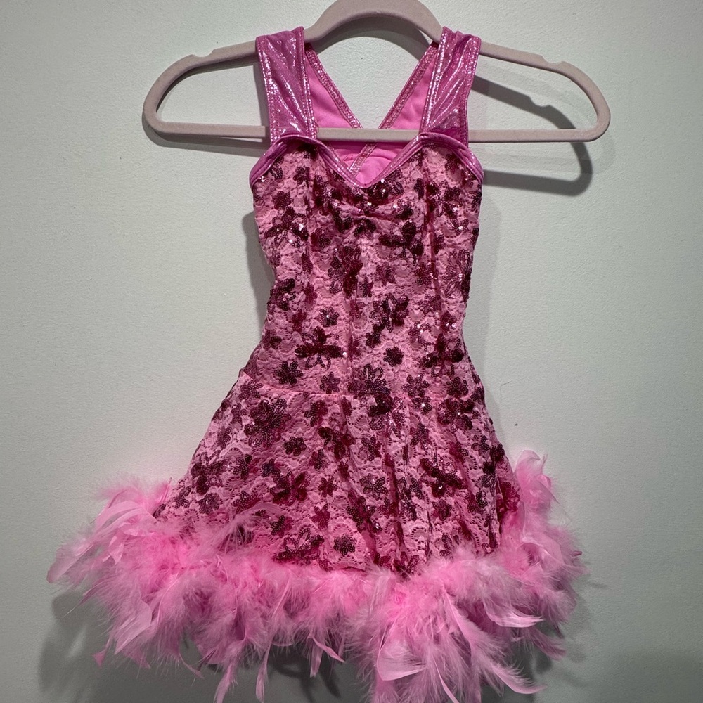 Girls' Pink Sequin & Feather Trim Dance Dress